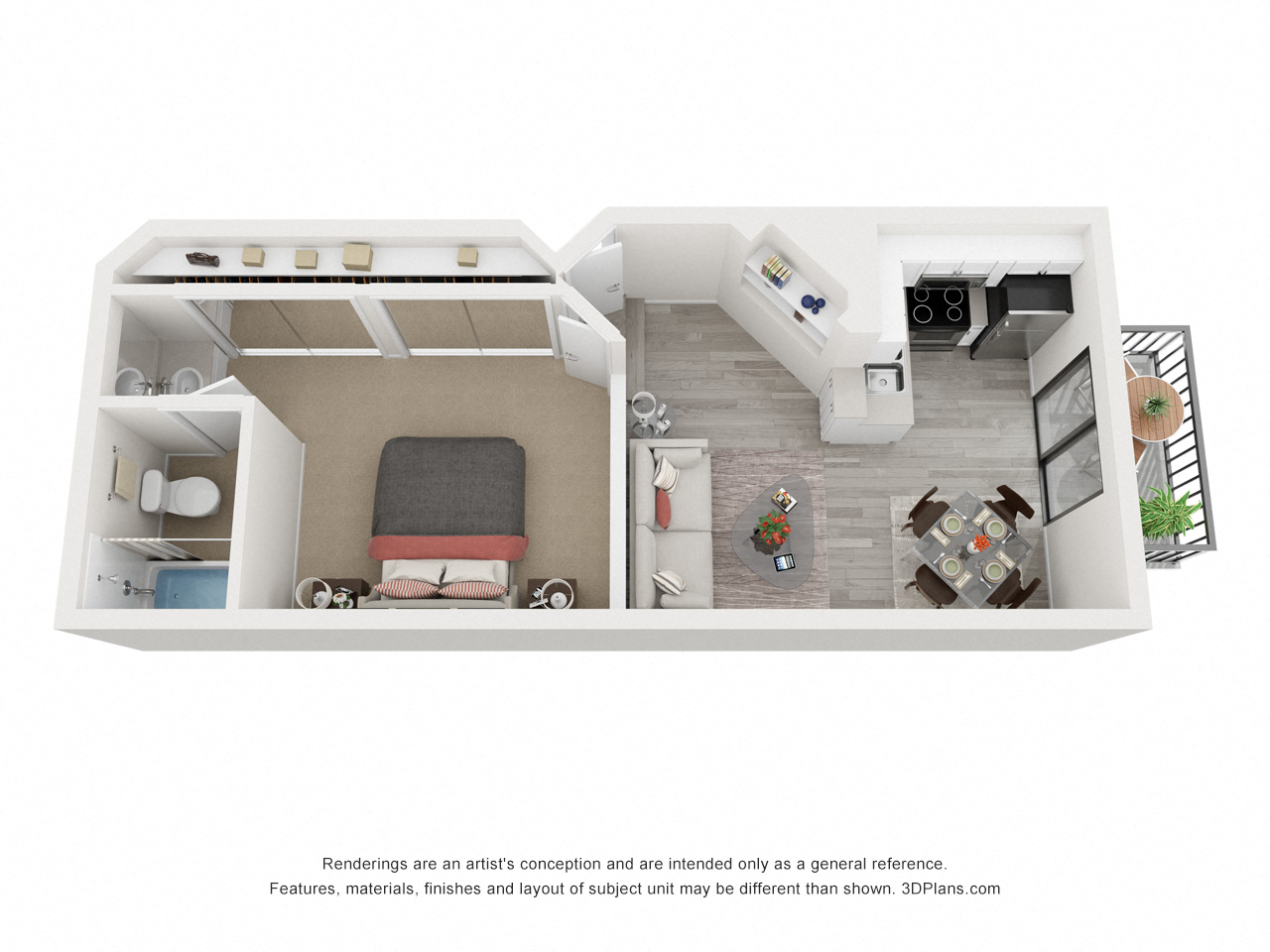 Floor plan for studio, 1 bath, 500 sqft